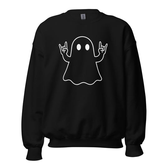 Black unisex sweatshirt with graphic of ghost giving rock on symbol with both hands – Boozie Adams
