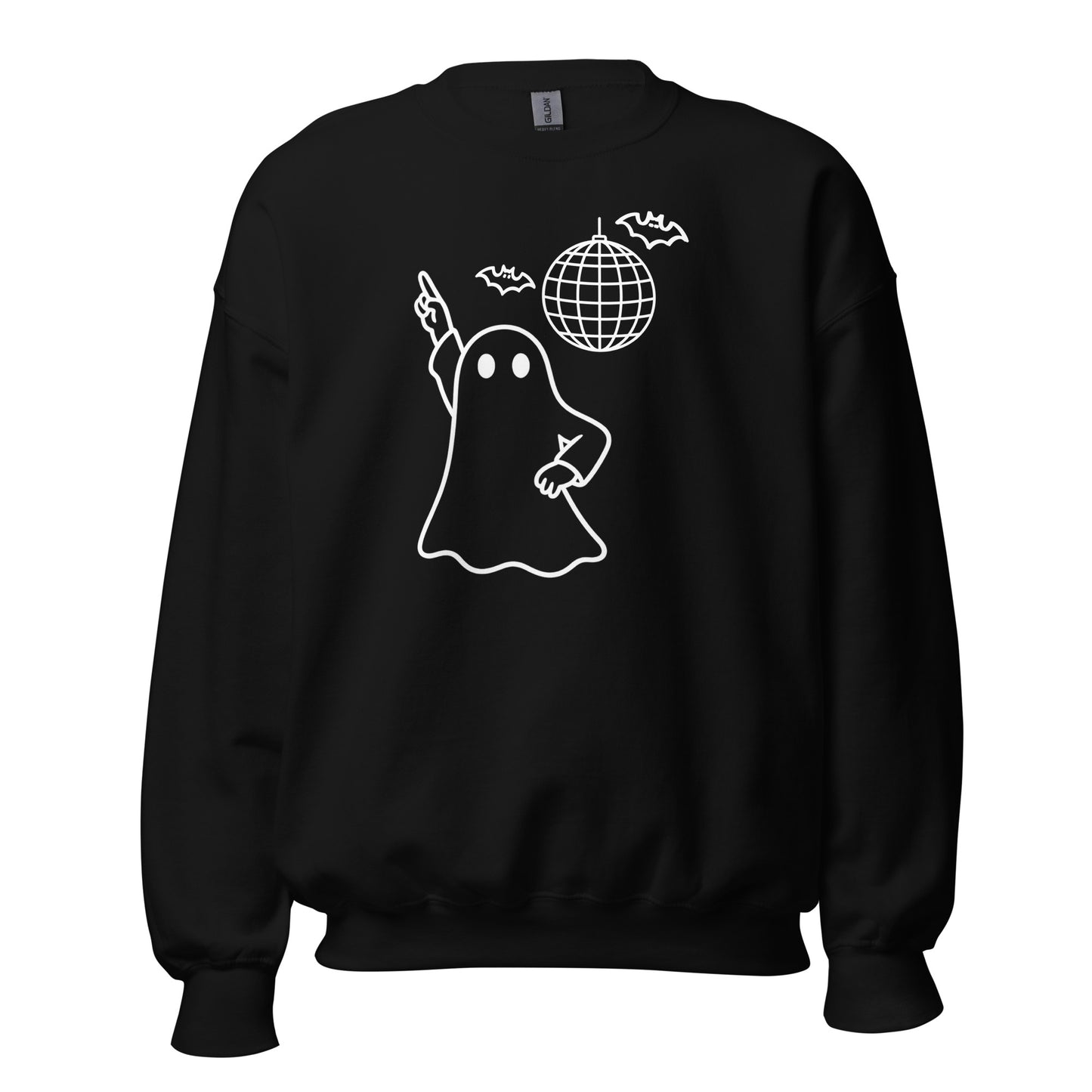 Black unisex sweatshirt with a white graphic of a ghost and disco ball – Boozie Adams