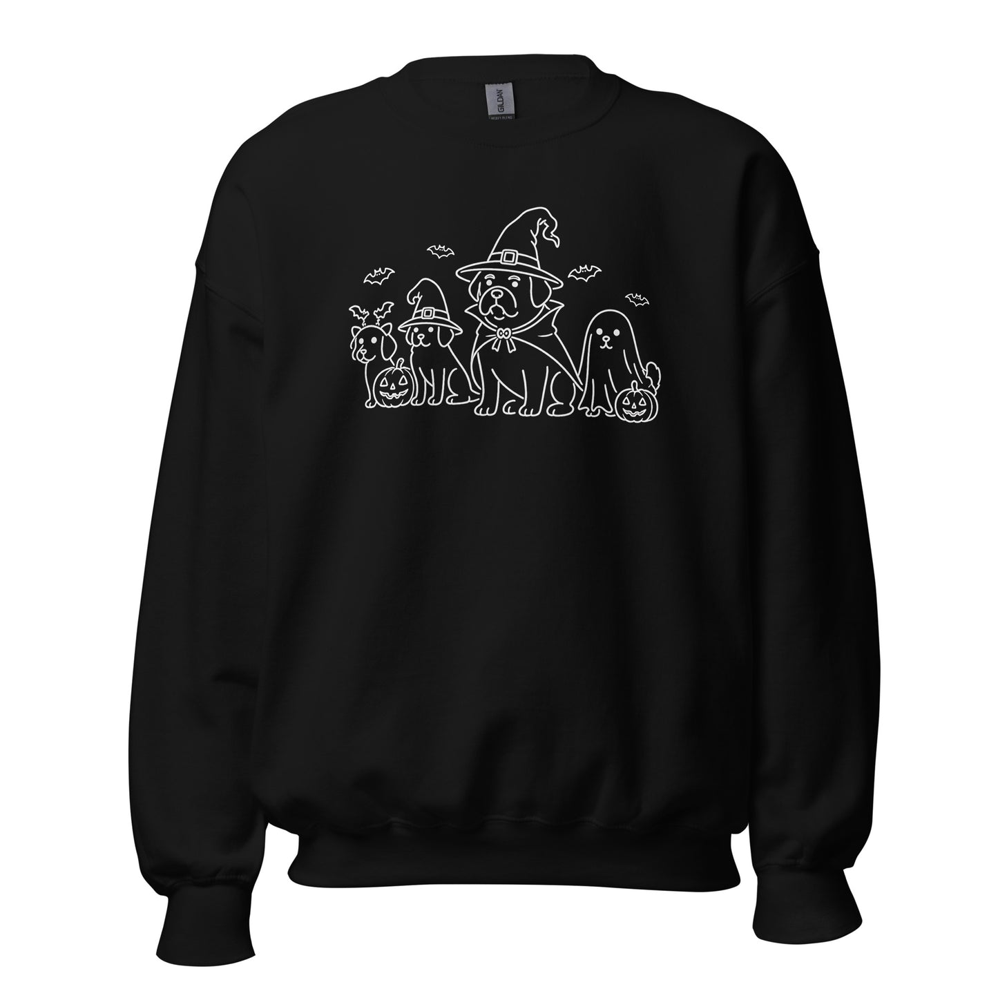 Black unisex sweatshirt with white graphic of dogs in halloween costumes – Boozie Adams