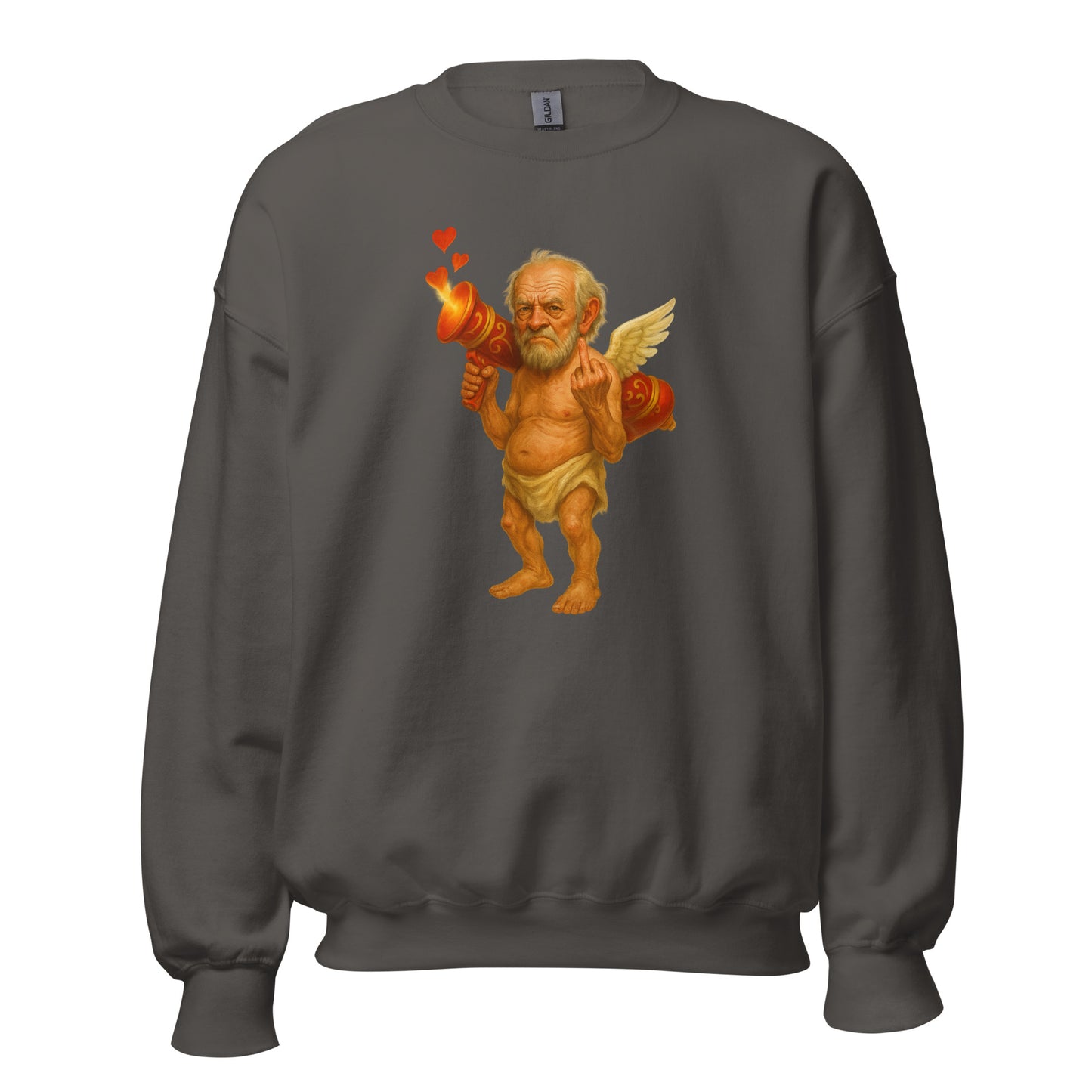 Charcoal unisex sweatshirt with a graphic of cupid flipping the bird – Boozie Adams