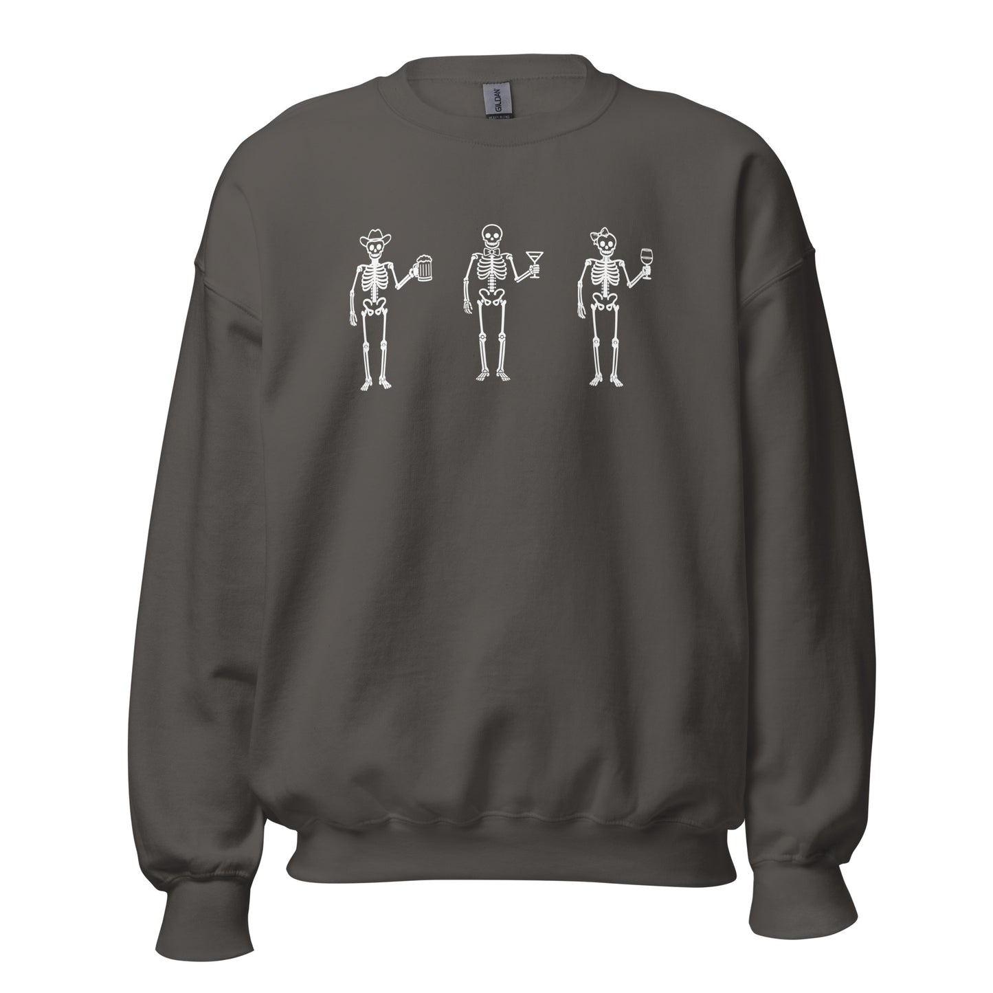 Charcoal unisex sweatshirt with 3 skeletons each holding a beer, martini and wine glass – Boozie Adams