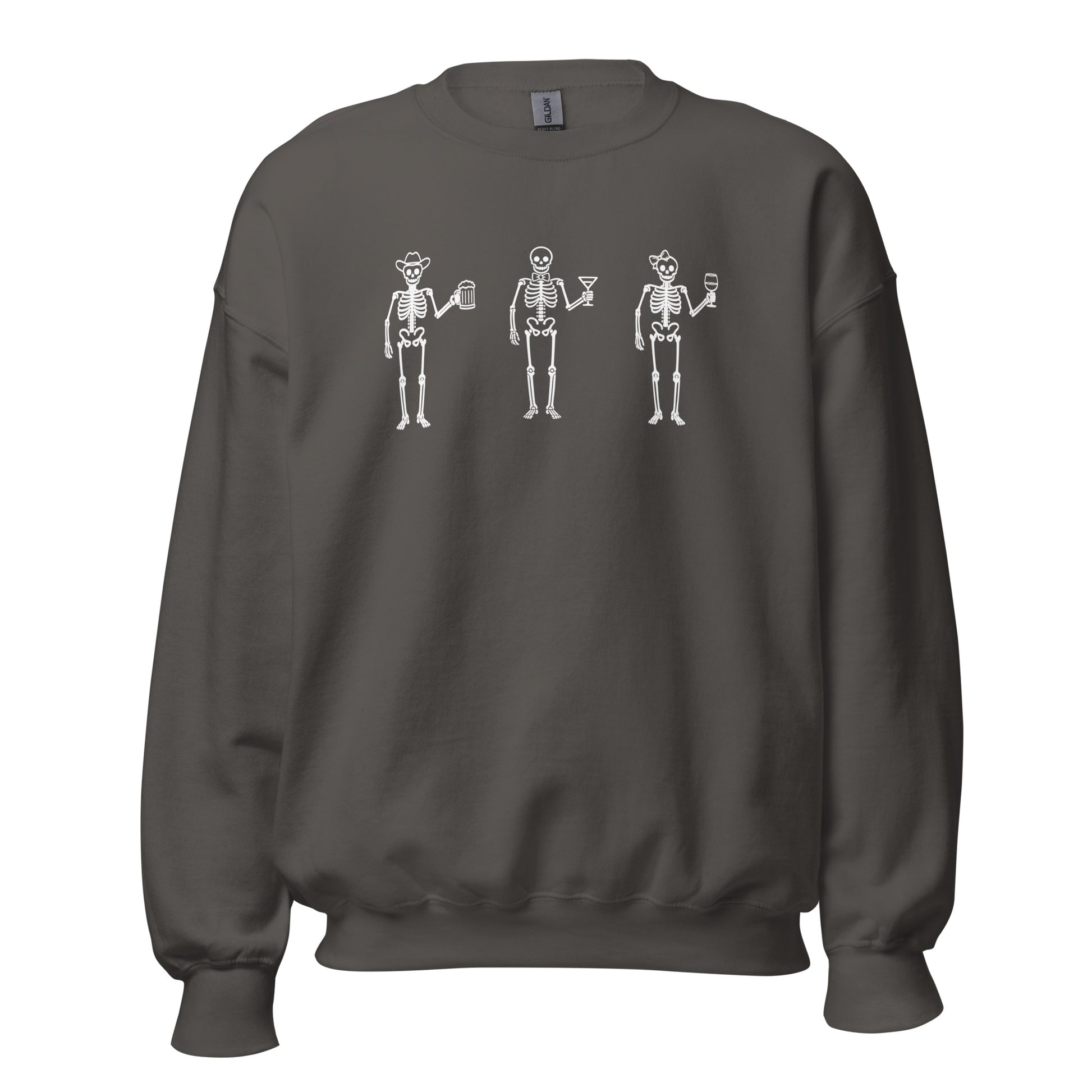 Charcoal unisex sweatshirt with 3 skeletons each holding a beer, martini and wine glass – Boozie Adams