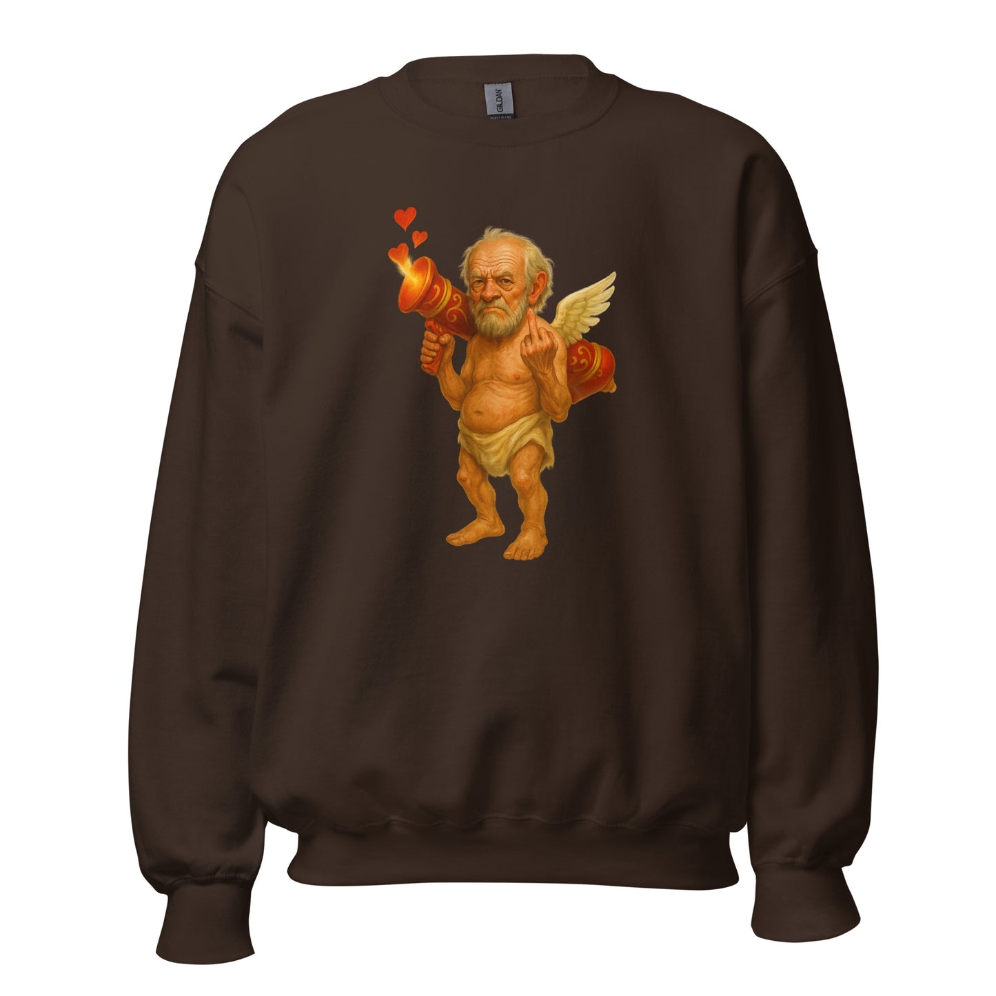 Brown unisex sweatshirt with a graphic of cupid flipping the bird – Boozie Adams
