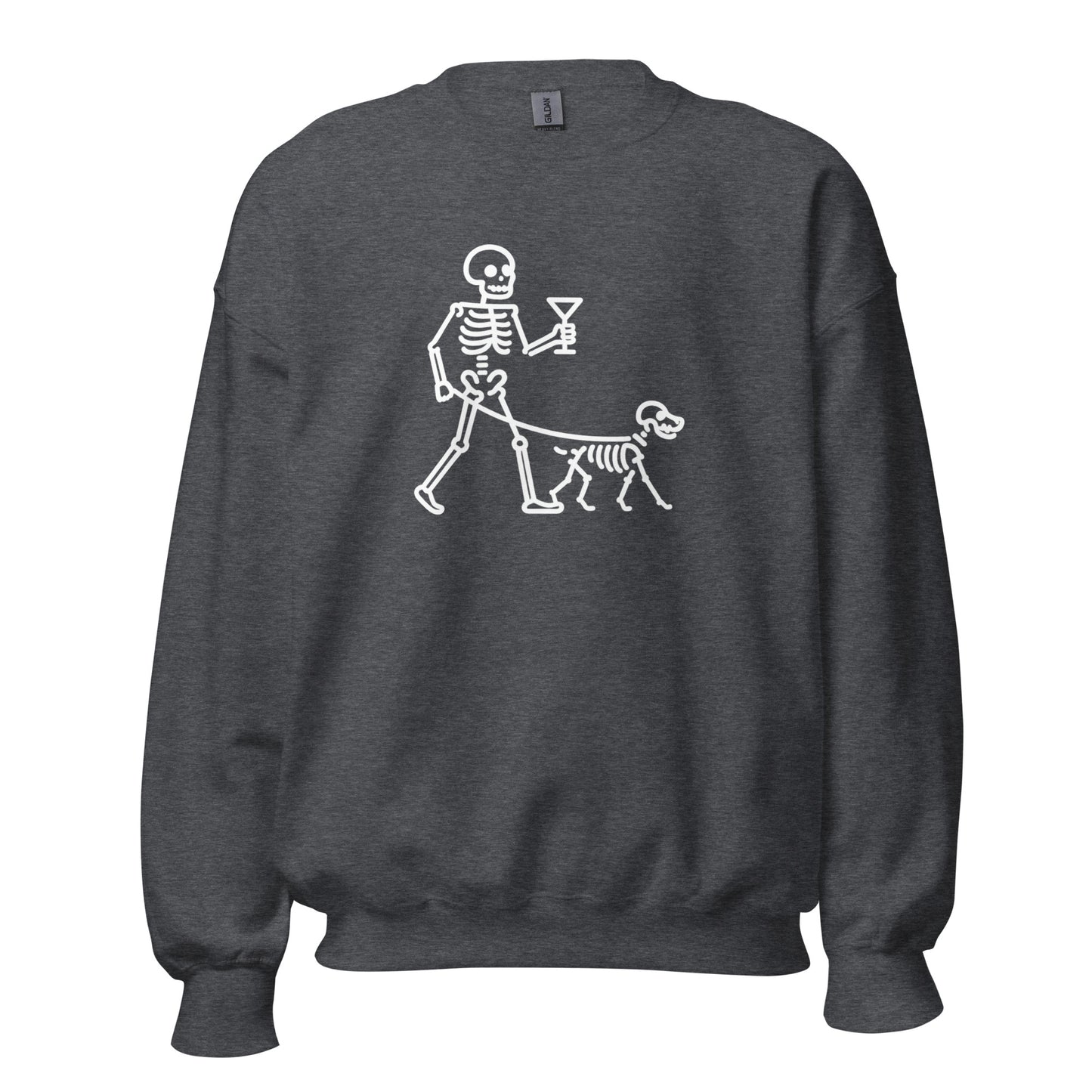 Dark heather grey unisex sweatshirt with a skeleton walking a dog holding a martini graphic in white – Boozie Adams