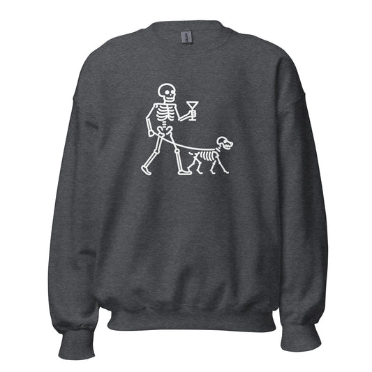 Dark heather grey unisex sweatshirt with a skeleton walking a dog holding a martini graphic in white – Boozie Adams