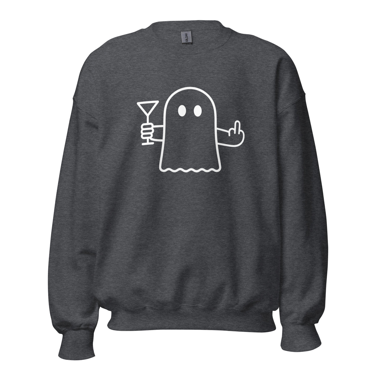 Dark heather grey unisex sweatshirt with graphic of a ghost holding a martini and flipping the bird – Boozie Adams
