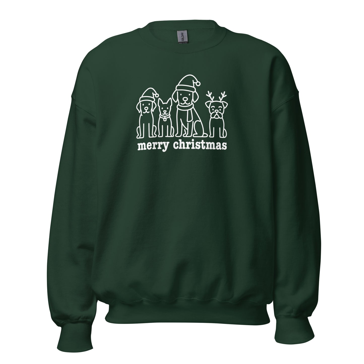 Forest green sweatshirt with Christmas-themed dog graphics and 'merry christmas' text in white – Boozie Adams