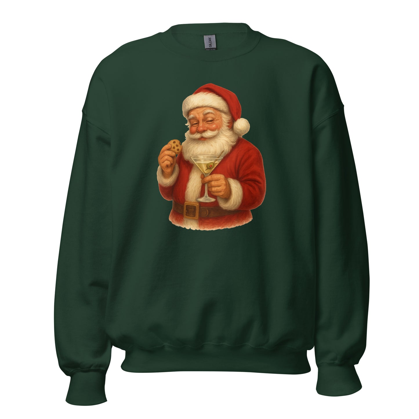 Forest green sweatshirt with a graphic of Santa Claus holding a martini glass and cookie – Boozie Adams