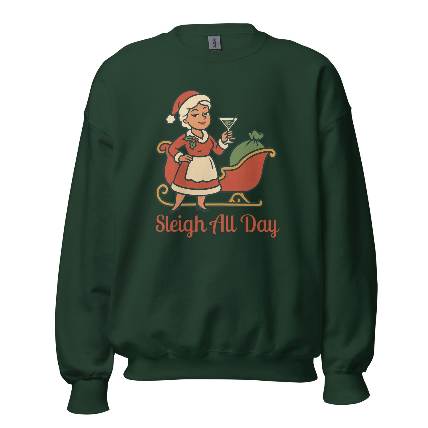 Green sweatshirt with a Mrs Claus and sleigh graphic and text 'Sleigh All Day' in red – Boozie Adams