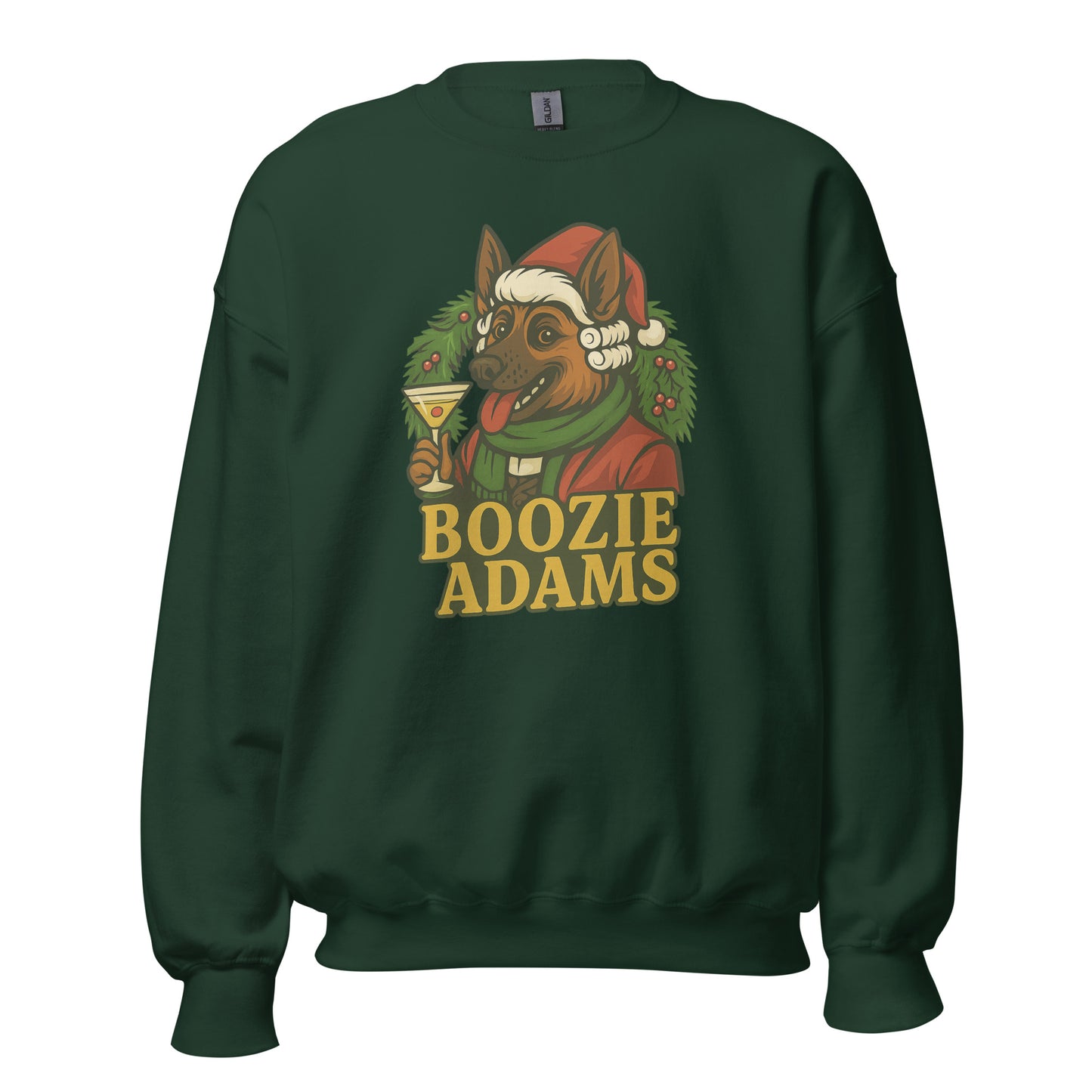 Forrest Green sweatshirt with Boozie Adams wearing a Santa hat and 'Boozie Adams' text – Boozie Adams