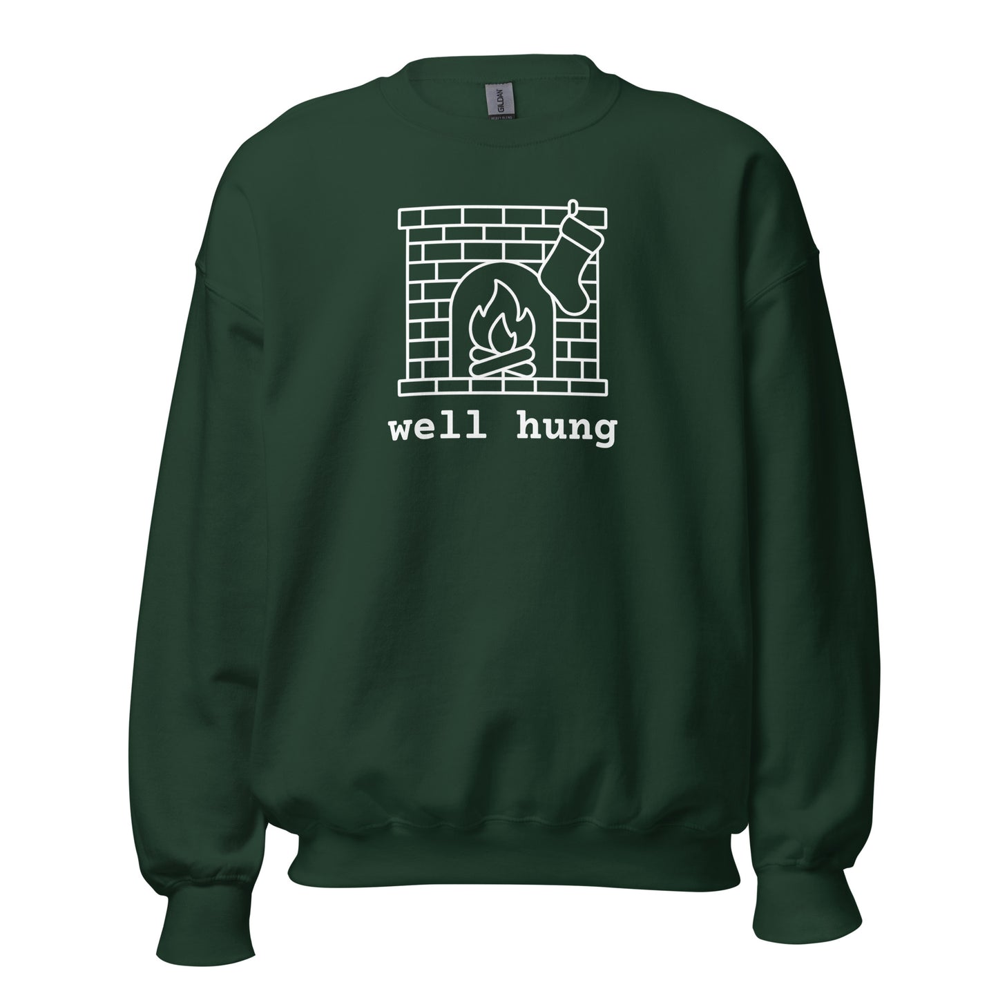 Green sweatshirt with a stocking hanging from a fireplace graphic and 'well hung' text – Boozie Adams