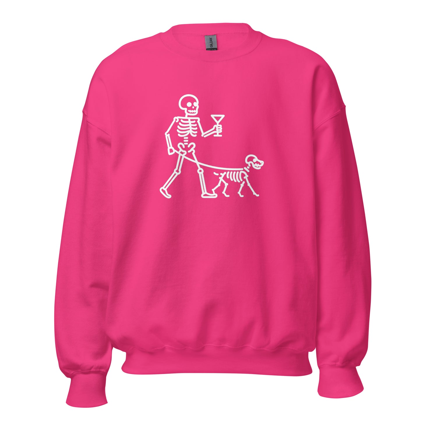 Pink unisex sweatshirt with a skeleton walking a dog holding a martini graphic in white – Boozie Adams