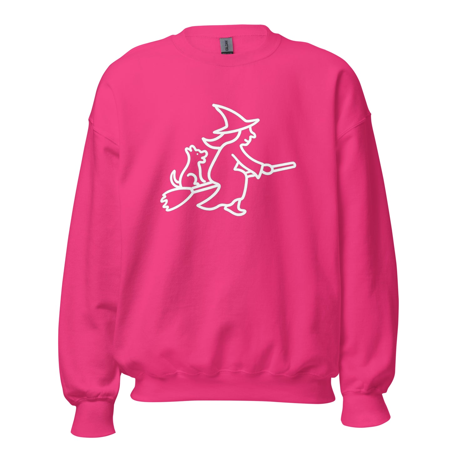Pink unisex sweatshirt with a white witch and dog on a broom graphic – Boozie Adams