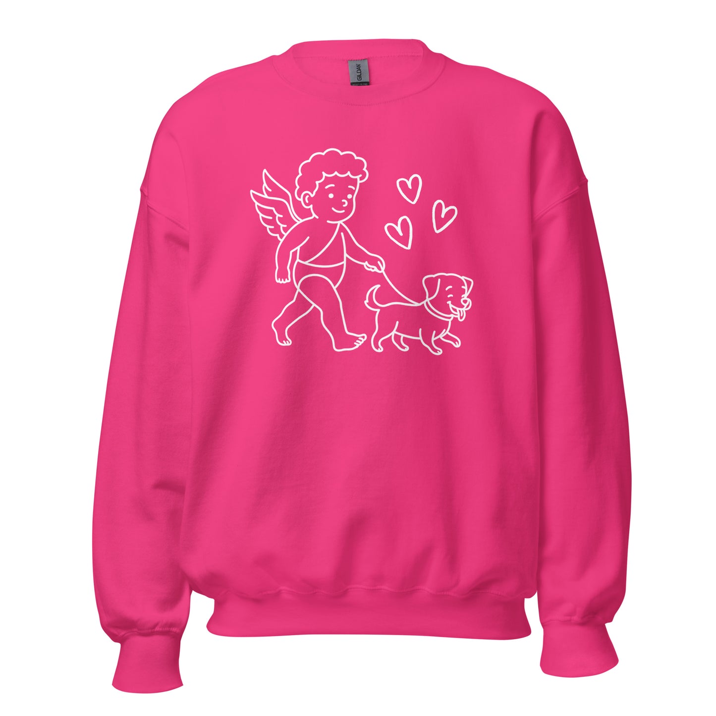 Pink sweatshirt with a white graphic of a cupid walking a dog – Boozie Adams