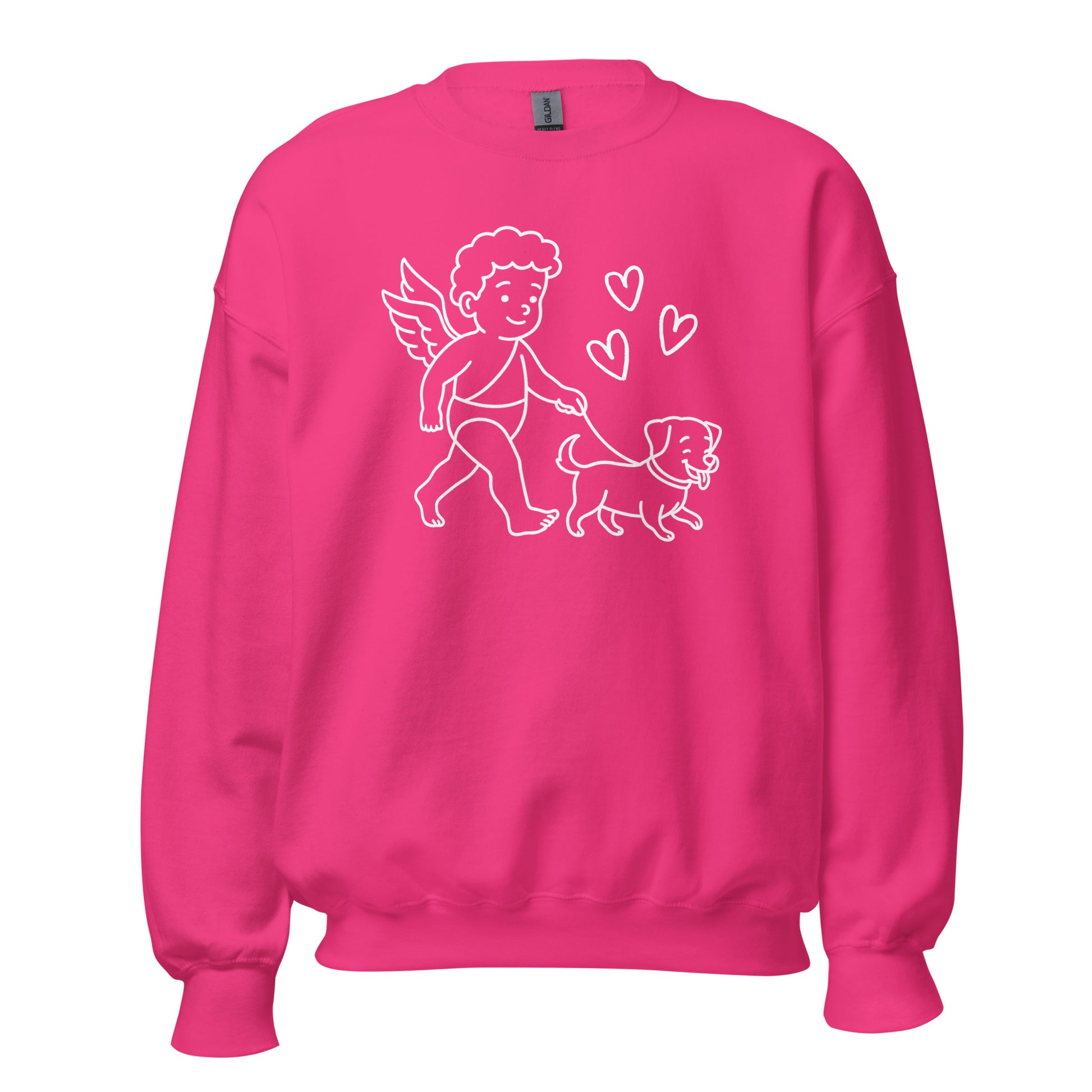 Pink sweatshirt with a white graphic of a cupid walking a dog – Boozie Adams
