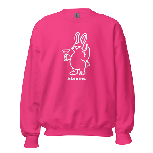 Hot pink unisex sweatshirt with a white graphic of a rabbit holding a martini glass and the word 'blessed' – Boozie Adams