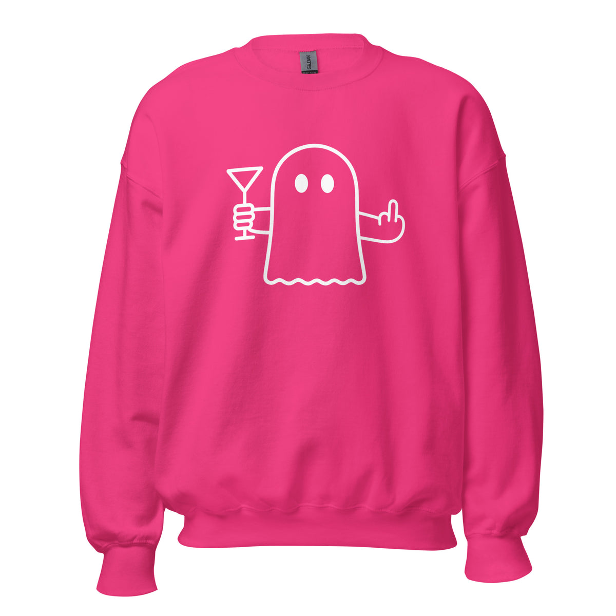 Pink unisex sweatshirt with graphic of a ghost holding a martini and flipping the bird – Boozie Adams