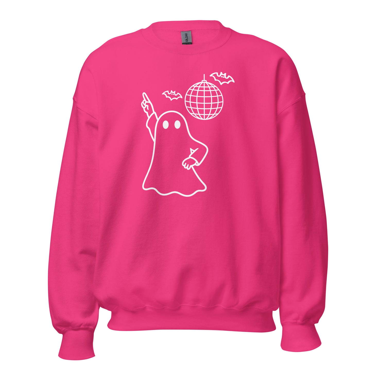 Hot pink unisex sweatshirt with a white graphic of a ghost and disco ball – Boozie Adams