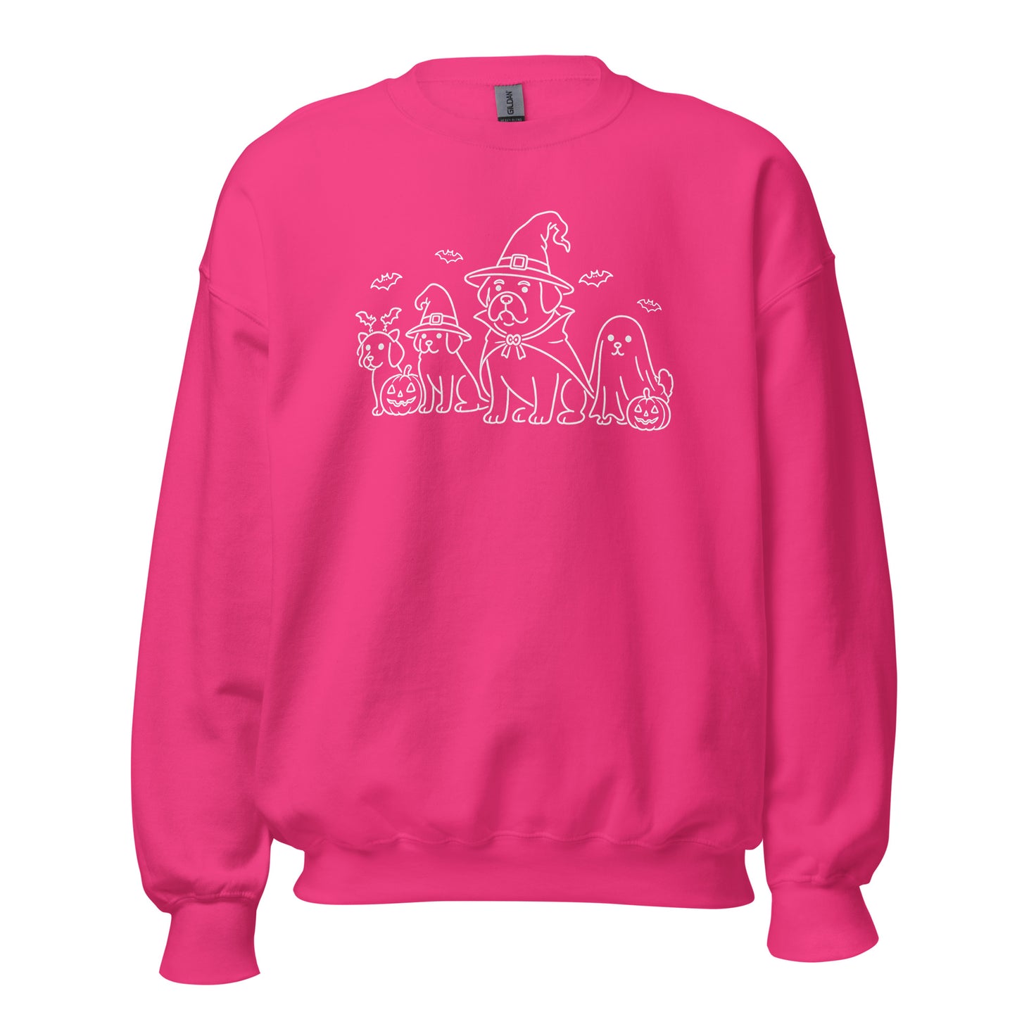 Hot pink unisex sweatshirt with white graphic of dogs in halloween costumes – Boozie Adams