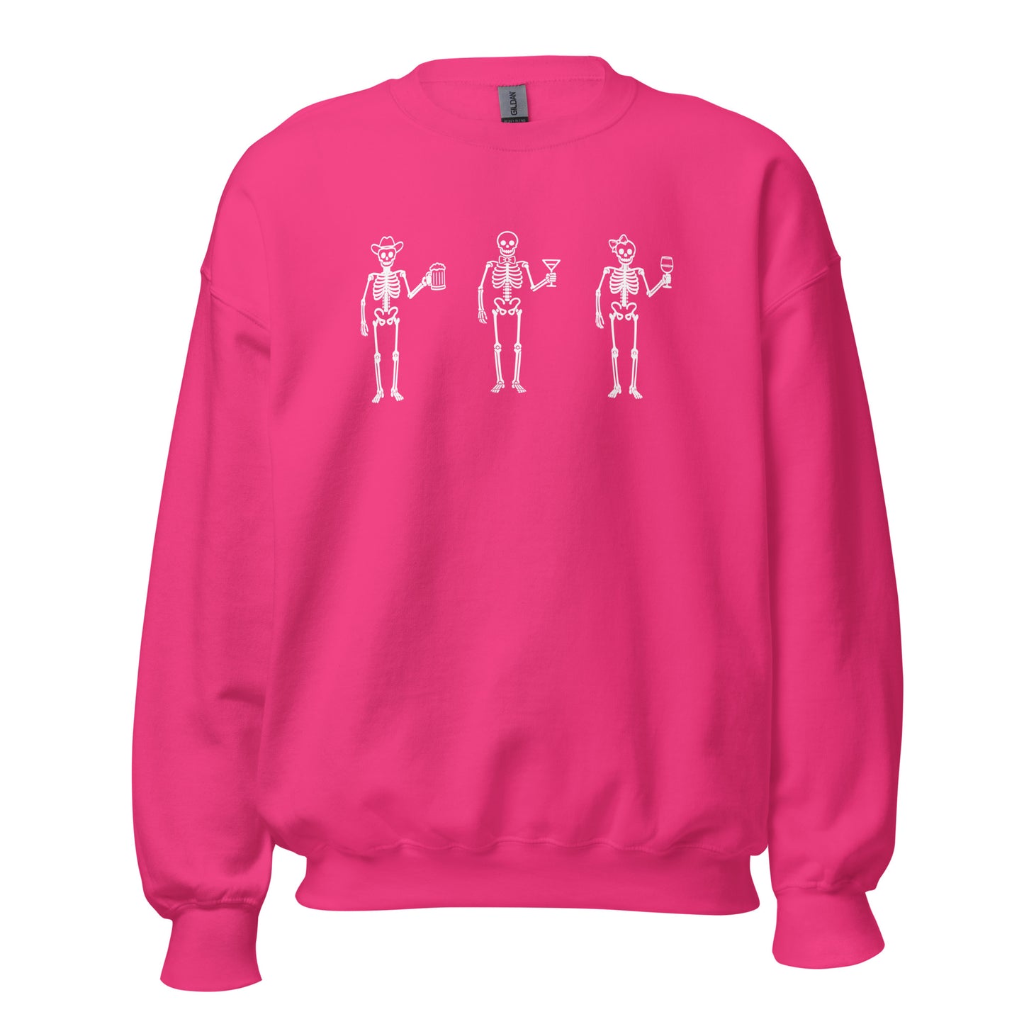Pink unisex sweatshirt with 3 skeletons each holding a beer, martini and wine glass – Boozie Adams