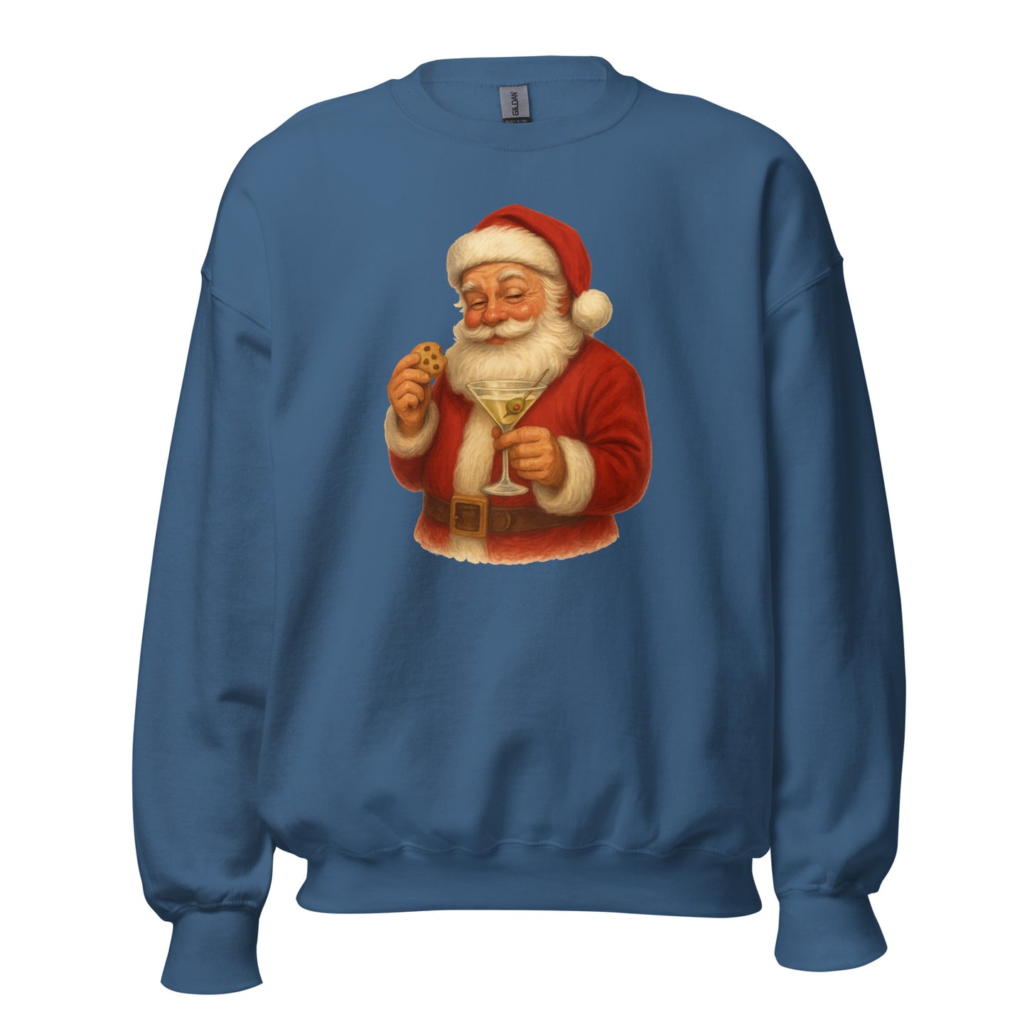 Indigo blue sweatshirt with a graphic of Santa Claus holding a martini glass and cookie – Boozie Adams