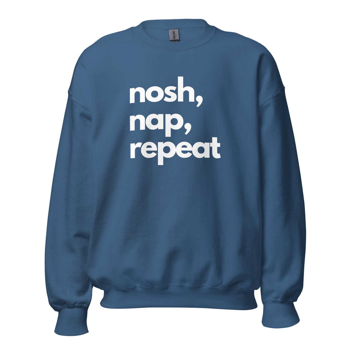 Indigo Blue sweatshirt with 'nosh, nap, repeat' text in a white – Boozie Adams