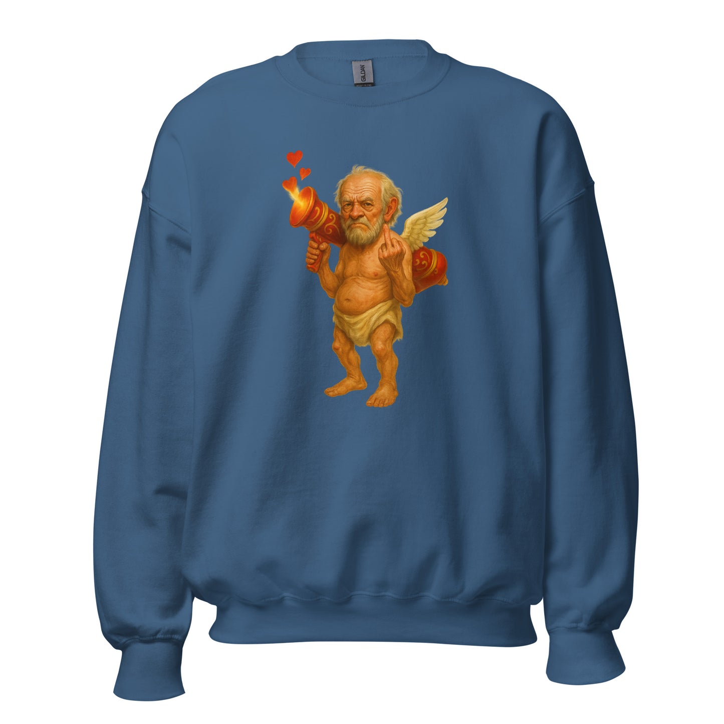 Blue unisex sweatshirt with a graphic of cupid flipping the bird – Boozie Adams