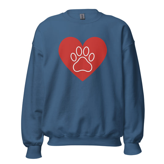 Blue sweatshirt with a red heart and white paw print – Boozie Adams