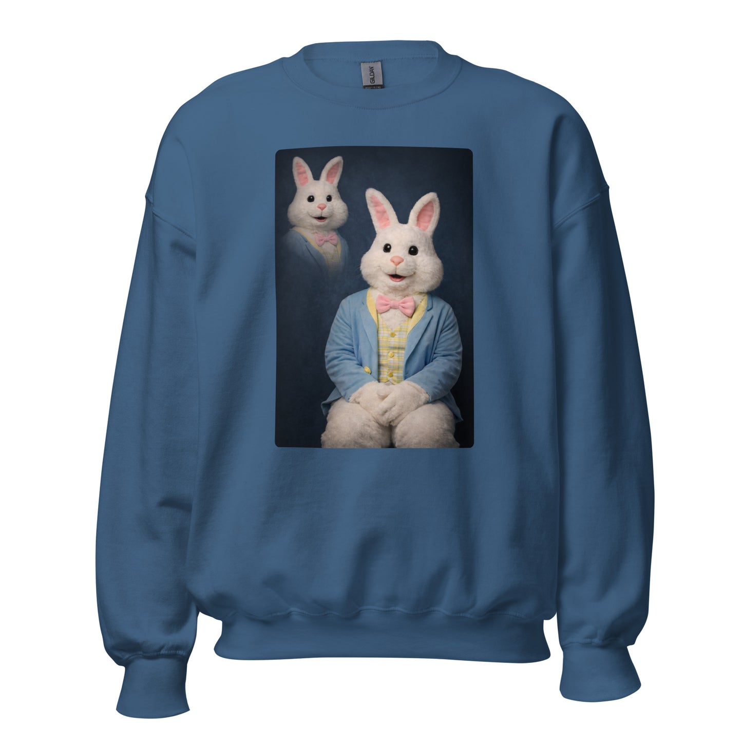 Indigo unisex sweatshirt with a graphic of a rabbit character and a second bunny head – Boozie Adams