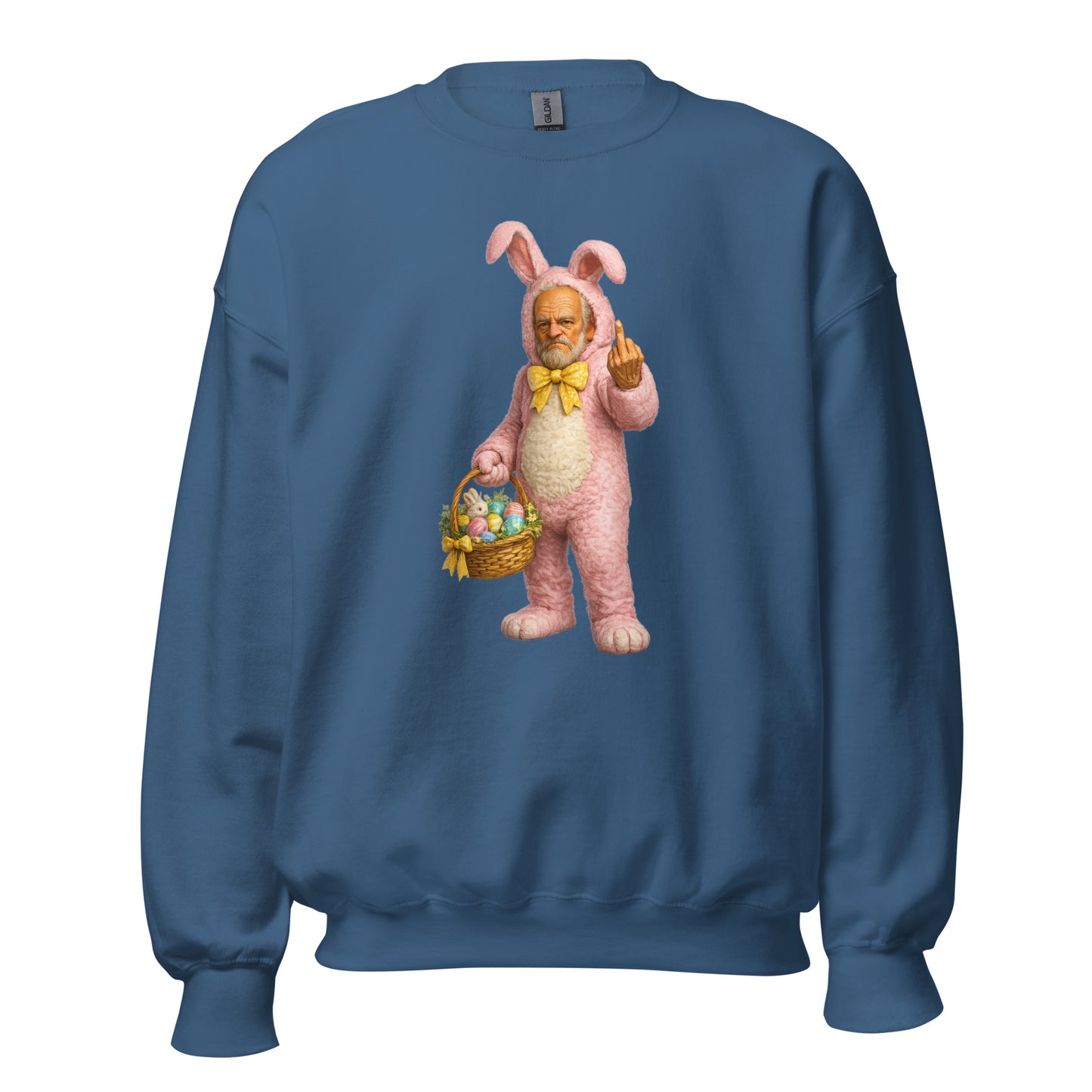 Indigo unisex sweatshirt with a graphic of a person in a pink bunny costume holding a basket and flipping the bird – Boozie Adams