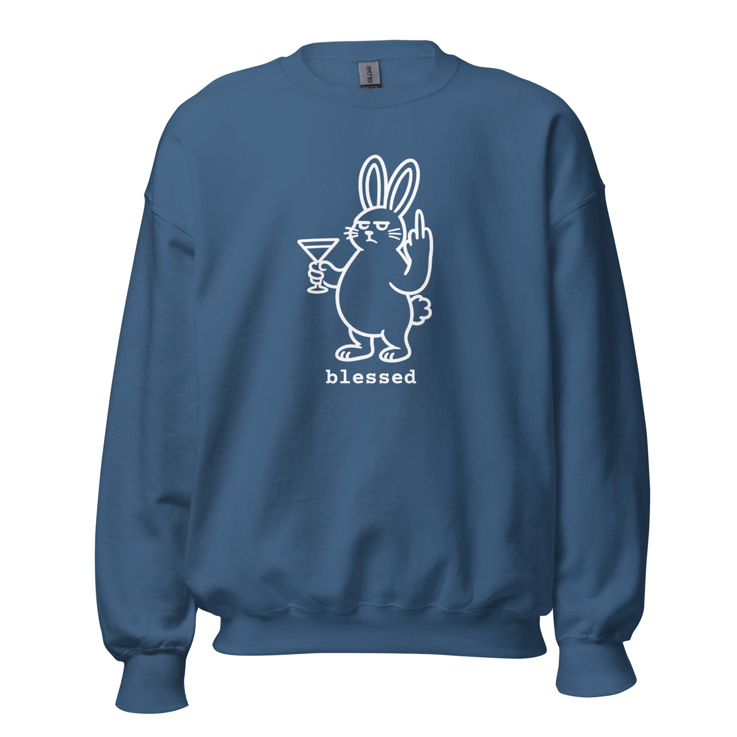 Indigo unisex sweatshirt with a white graphic of a rabbit holding a martini glass and the word 'blessed' – Boozie Adams