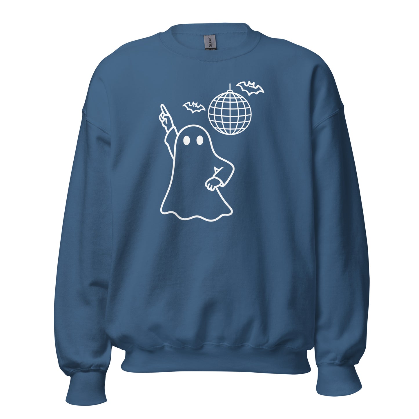 Indigo blue unisex sweatshirt with a white graphic of a ghost and disco ball – Boozie Adams