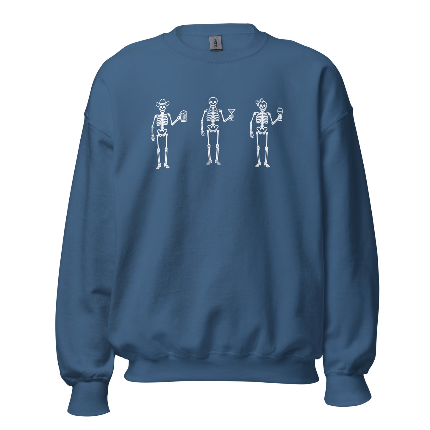 Indigo blue unisex sweatshirt with 3 skeletons each holding a beer, martini and wine glass – Boozie Adams