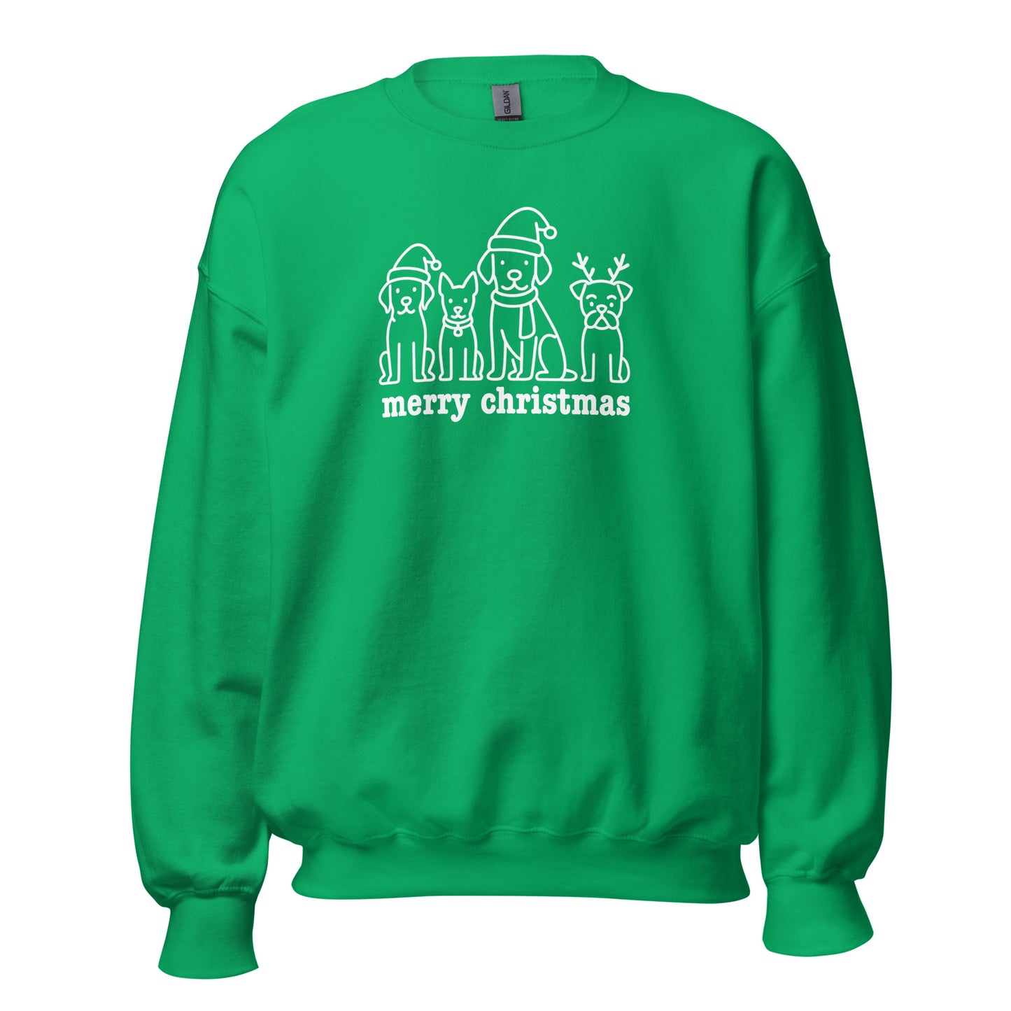 Green sweatshirt with Christmas-themed dog graphics and 'merry christmas' text in white – Boozie Adams