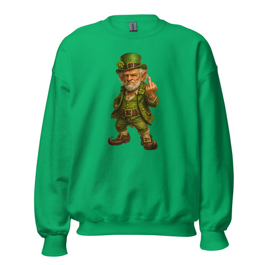 Irish green unisex sweatshirt with a graphic of a leprechaun giving a middle finger – Boozie Adams