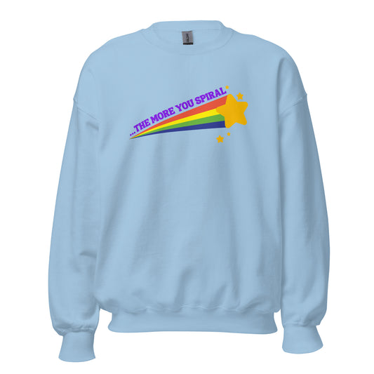 Light blue sweatshirt with rainbow and shooting star with 'the more you spiral' text in purple – Boozie Adams