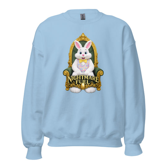 Light blue unisex sweatshirt with a bunny sitting on a chair graphic with 'nightmare fuel' text – Boozie Adams