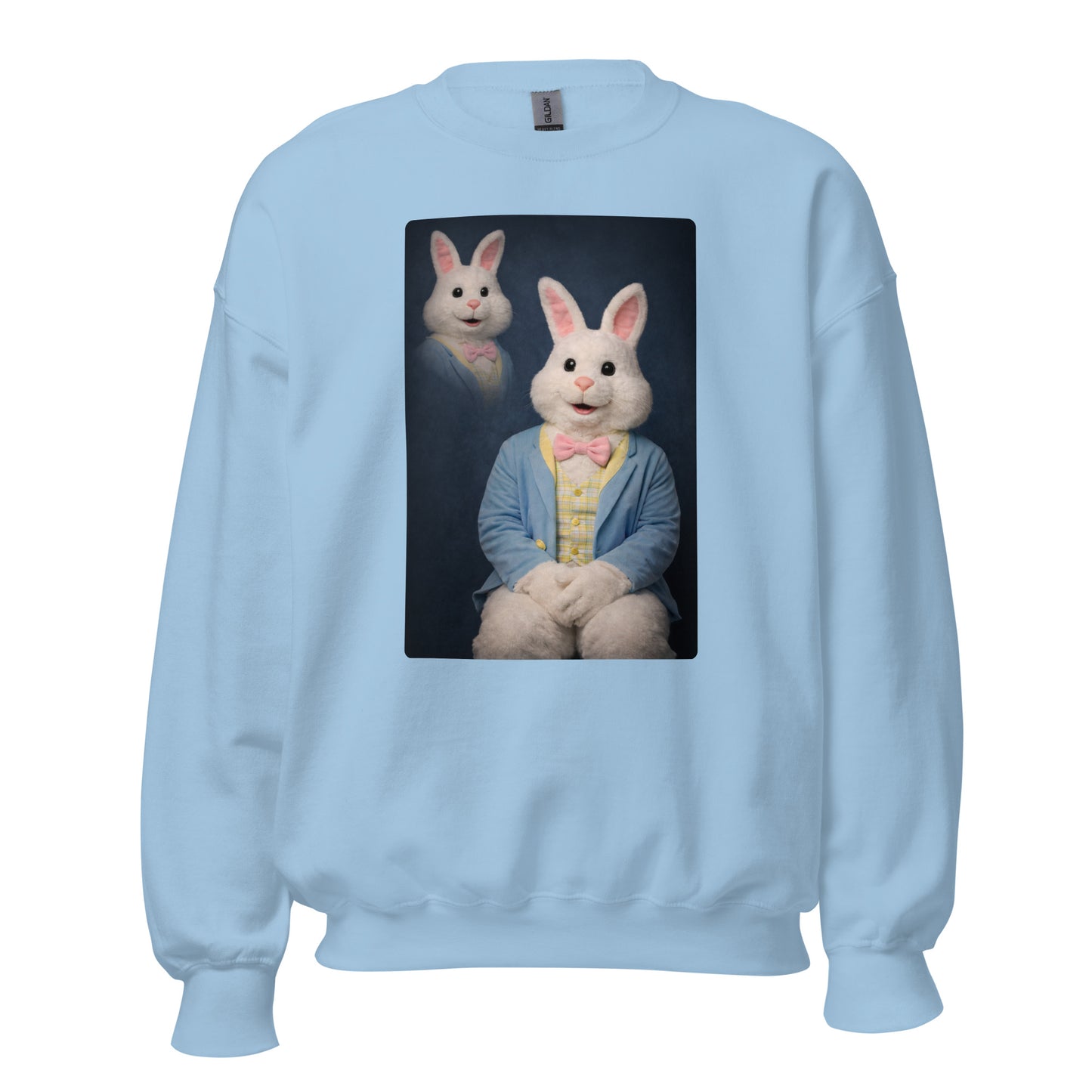 Light blue unisex sweatshirt with a graphic of a rabbit character and a second bunny head – Boozie Adams