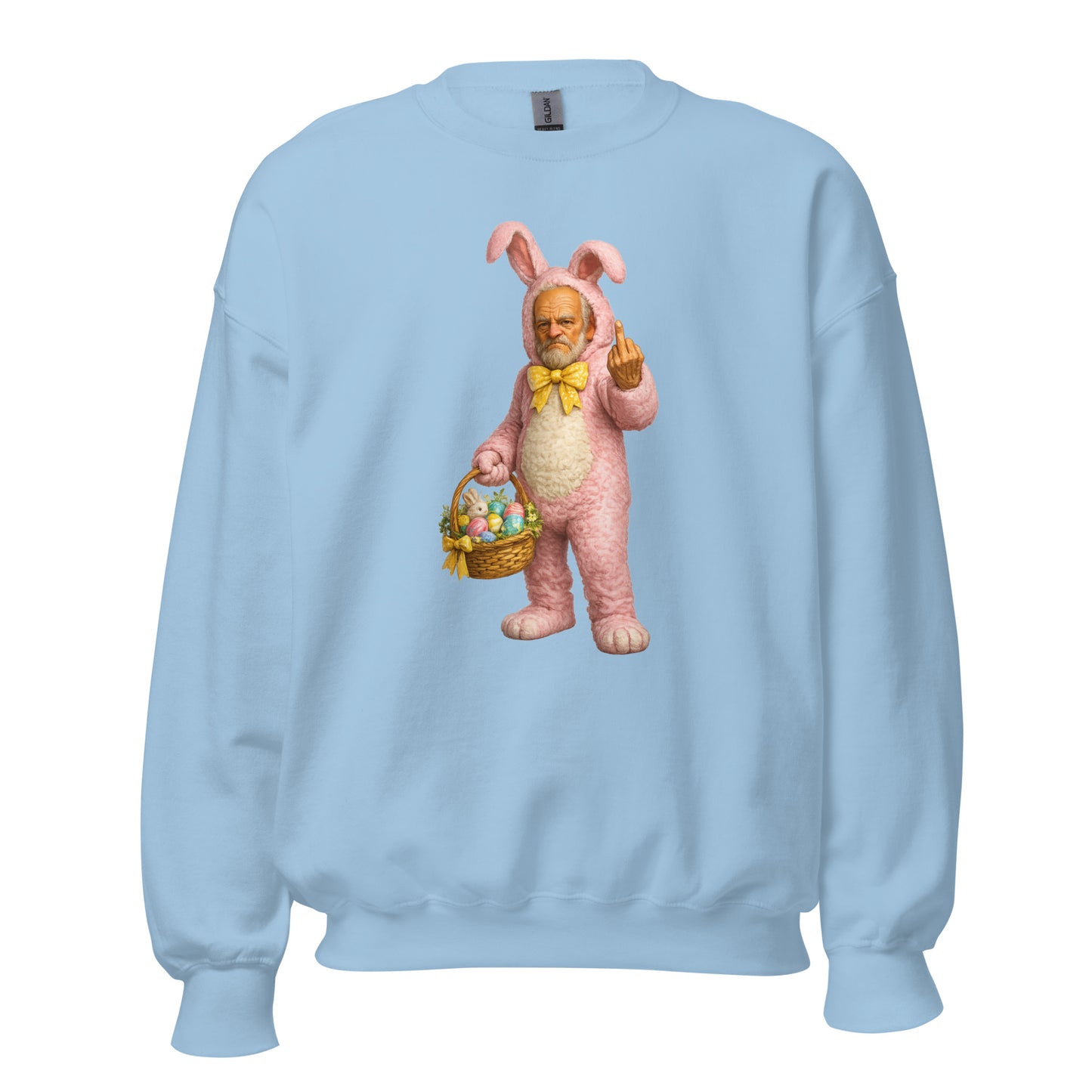 Light blue unisex sweatshirt with a graphic of a person in a pink bunny costume holding a basket and flipping the bird – Boozie Adams
