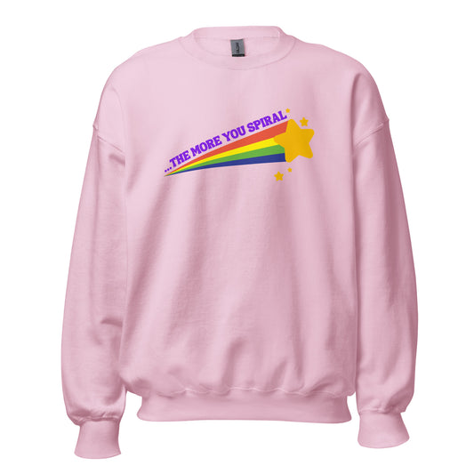 Pink sweatshirt with rainbow and shooting star with 'the more you spiral' text in purple – Boozie Adams