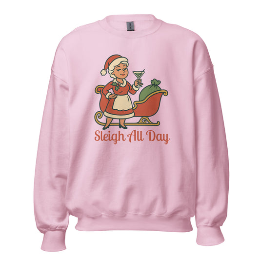 Pink sweatshirt with a Mrs Claus and sleigh graphic and text 'Sleigh All Day' in red – Boozie Adams