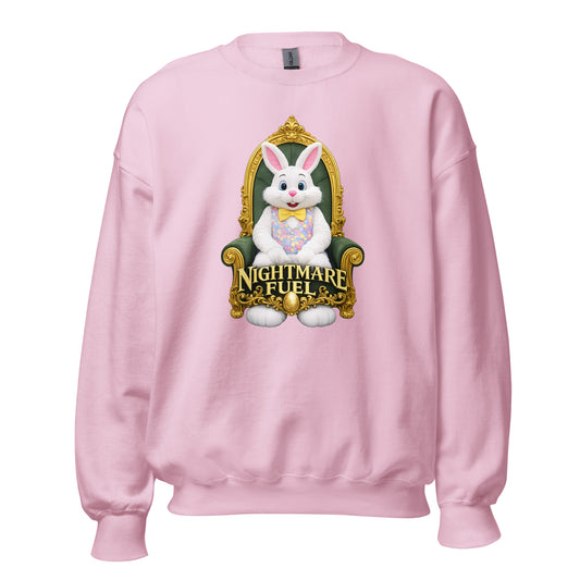 Pink unisex sweatshirt with a bunny sitting on a chair graphic with 'nightmare fuel' text – Boozie Adams