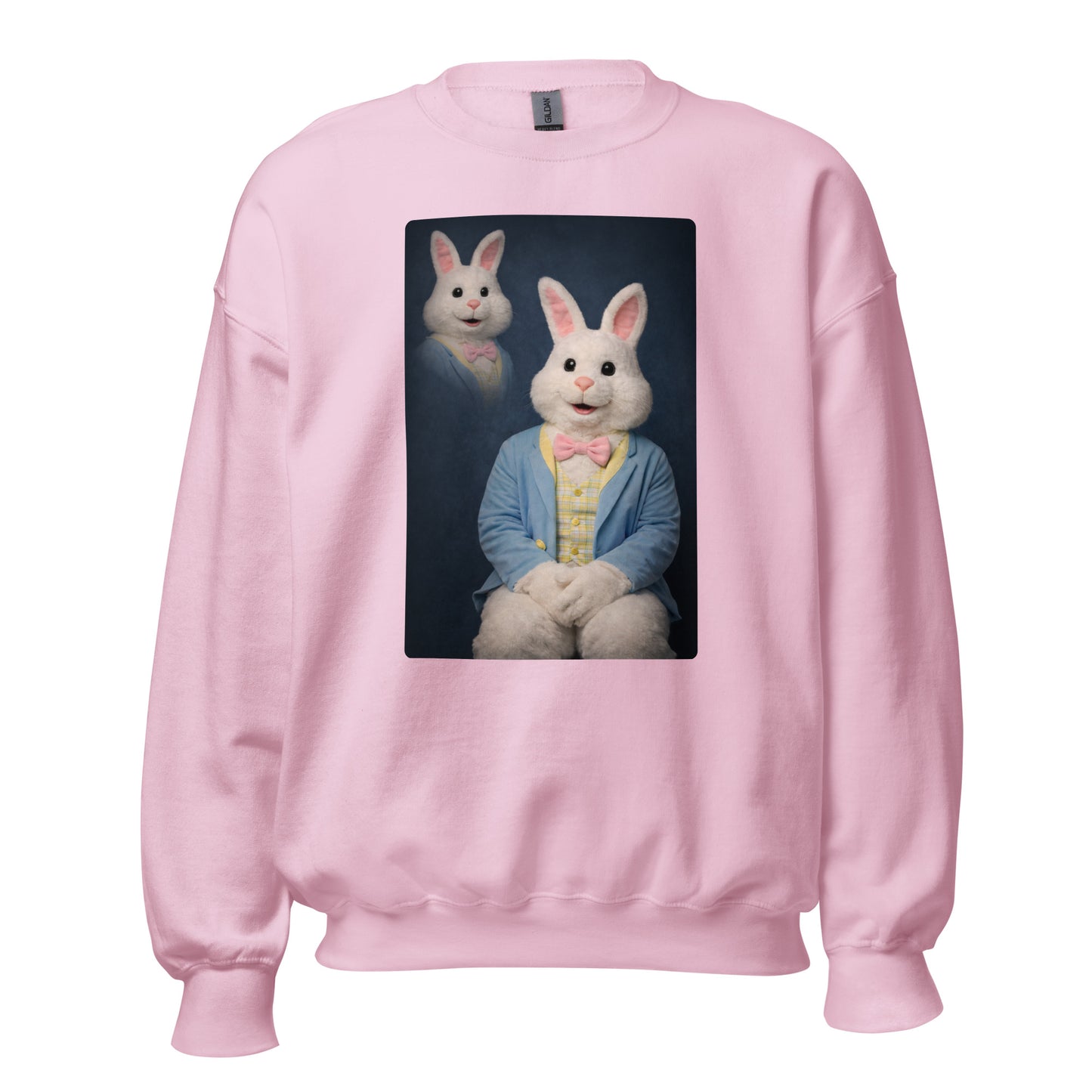 Pink unisex sweatshirt with a graphic of a rabbit character and a second bunny head – Boozie Adams