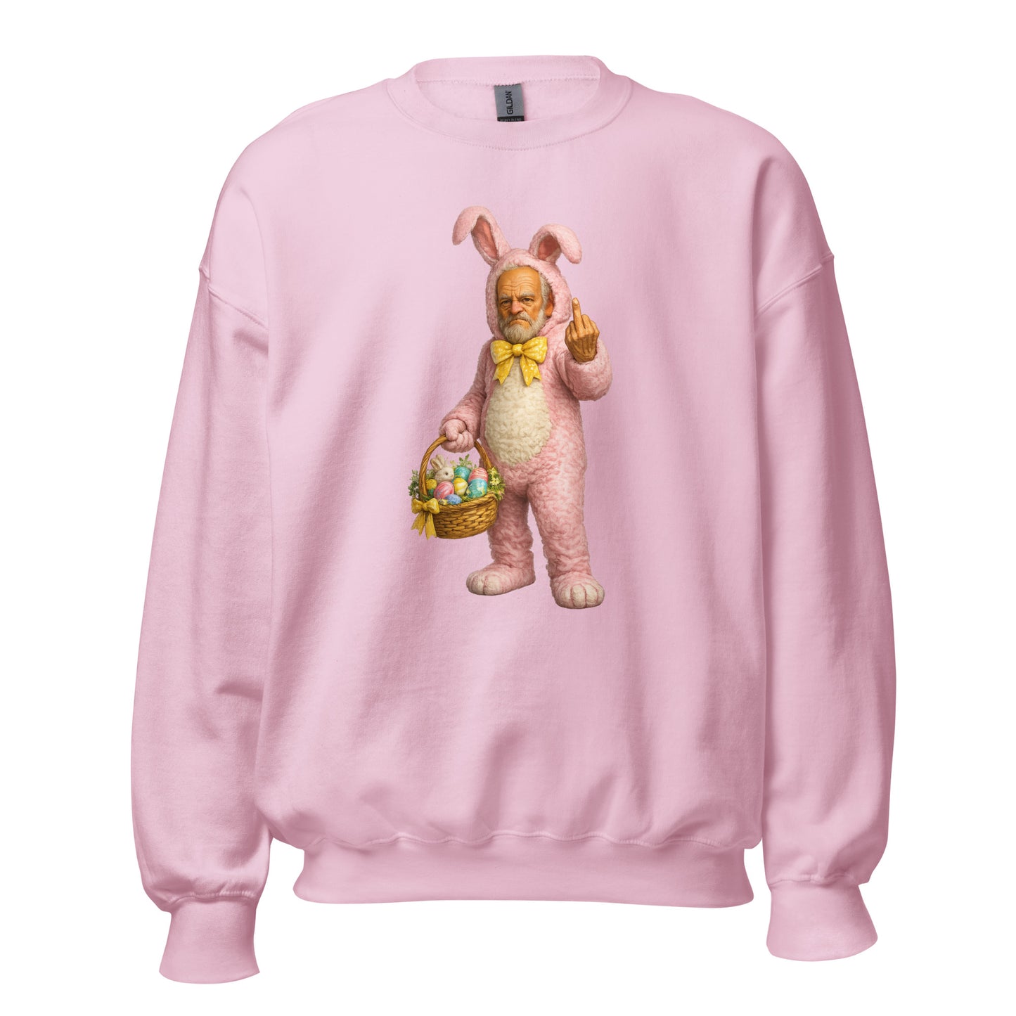 Pink unisex sweatshirt with a graphic of a person in a pink bunny costume holding a basket and flipping the bird – Boozie Adams