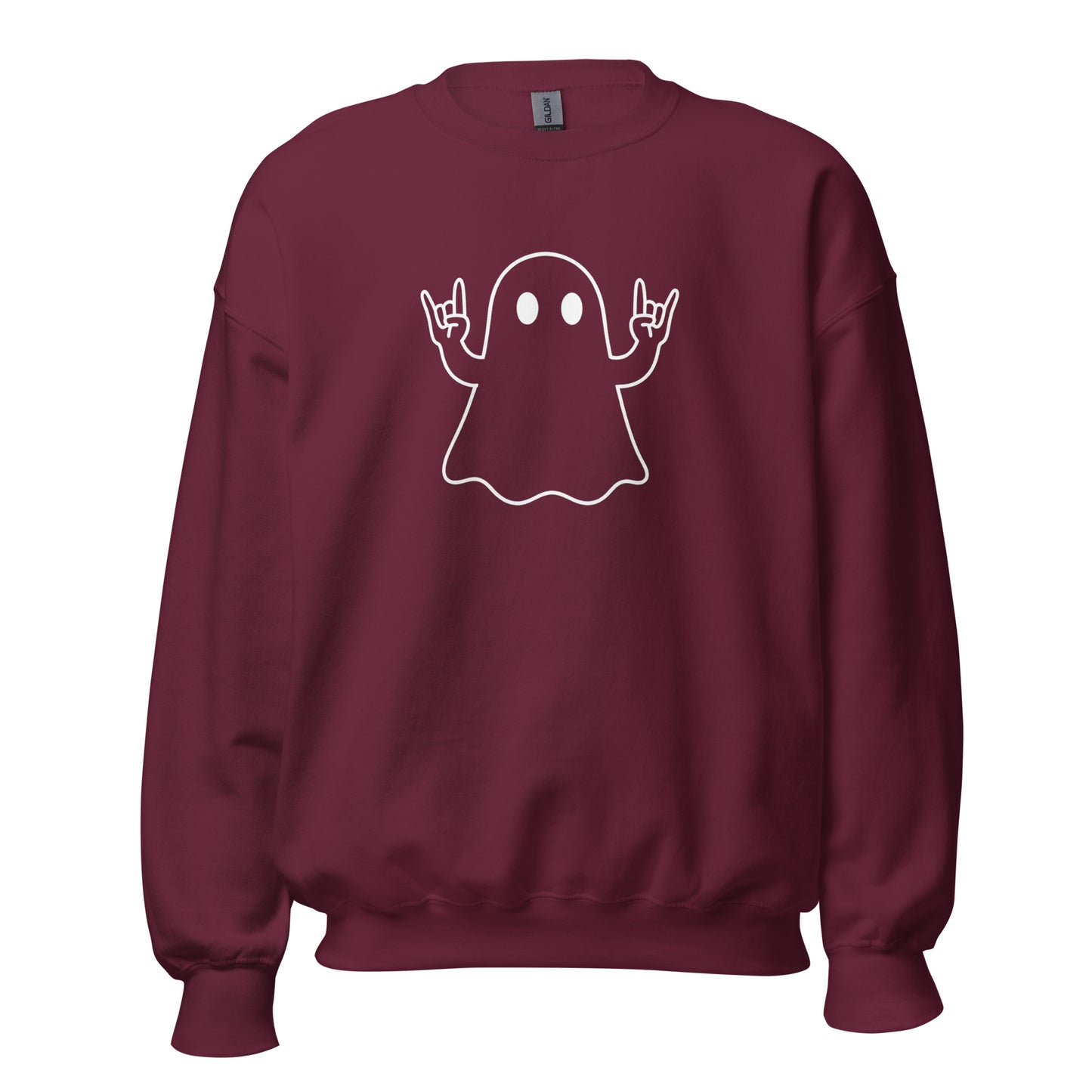 Maroon unisex sweatshirt with a white ghost design throwing the rock sign with it's hands graphic in white – Boozie Adams