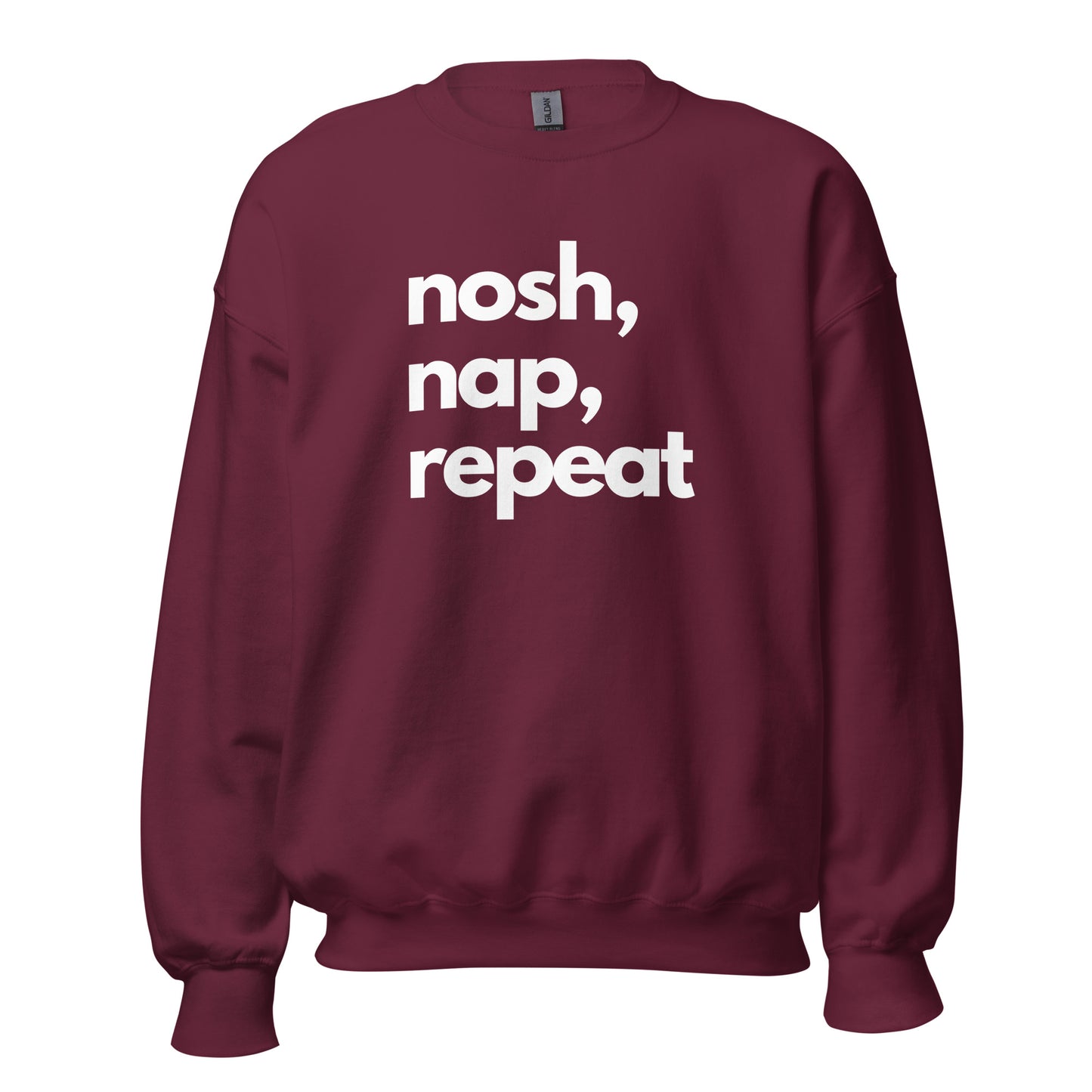 Maroon sweatshirt with 'nosh, nap, repeat' text in a white – Boozie Adams