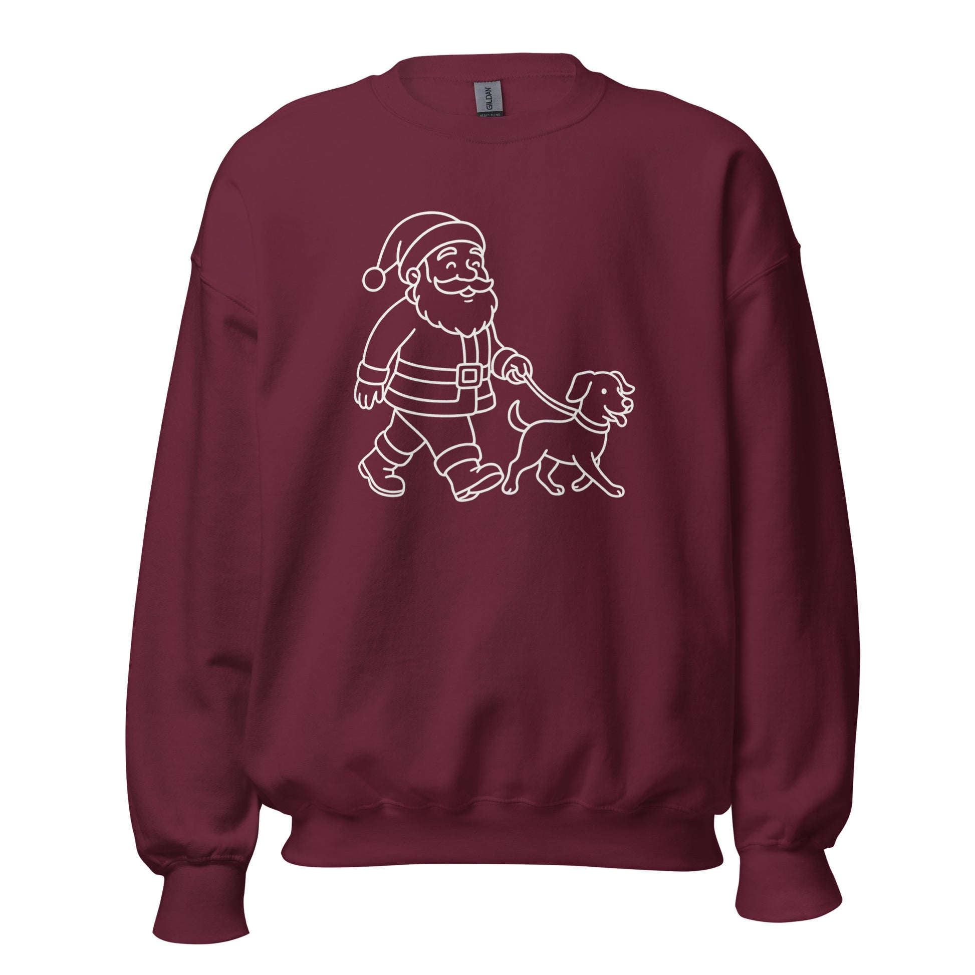 Maroon sweatshirt with white Santa walking dog design – Boozie Adams