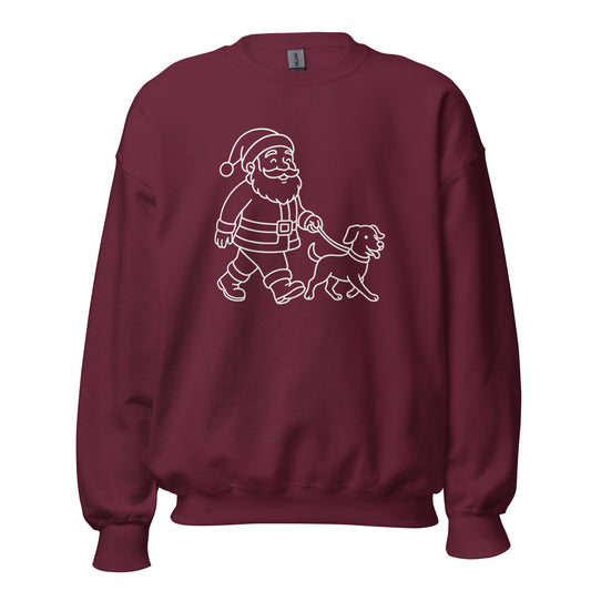 Maroon sweatshirt with white Santa walking dog design – Boozie Adams