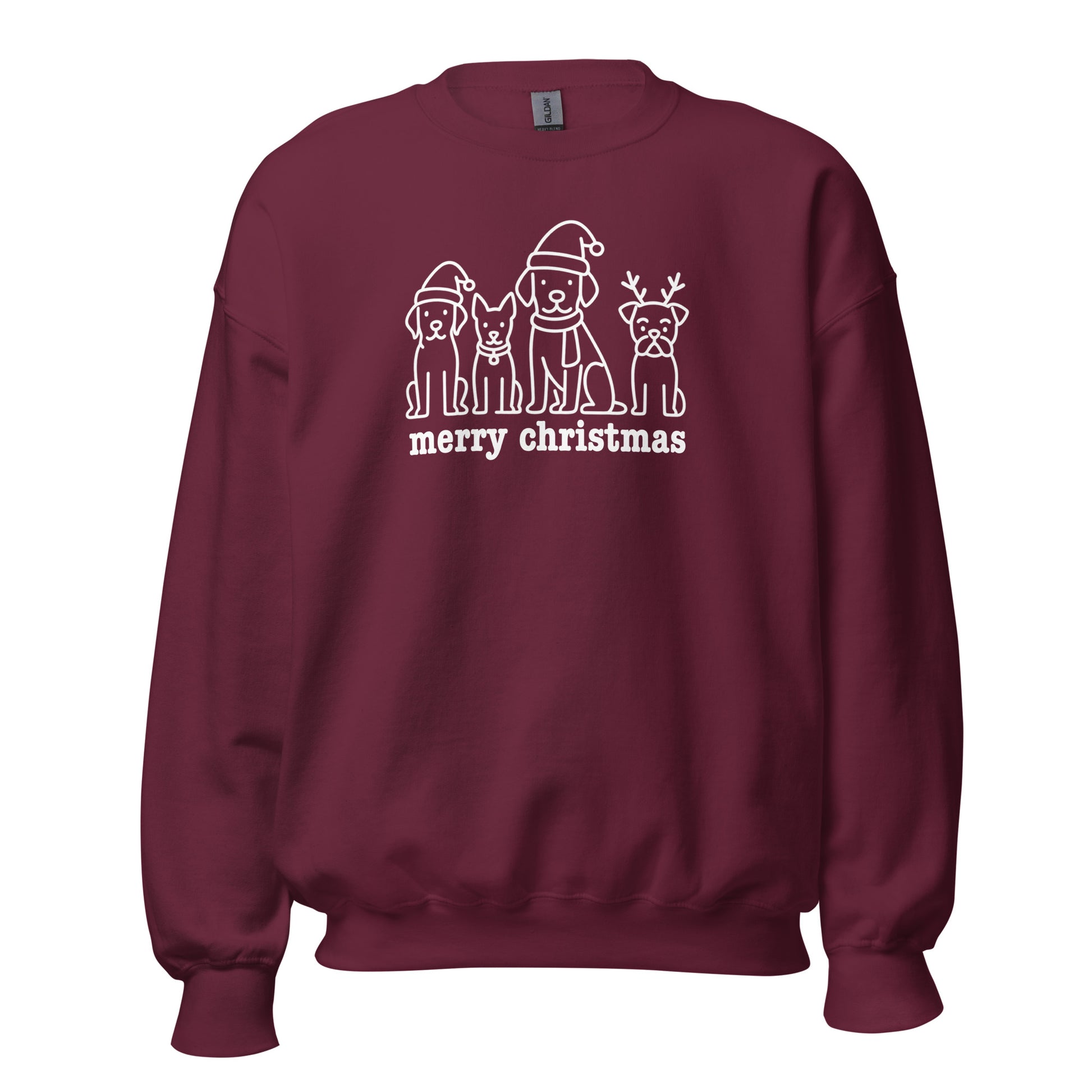 Maroon sweatshirt with Christmas-themed dog graphics and 'merry christmas' text in white – Boozie Adams