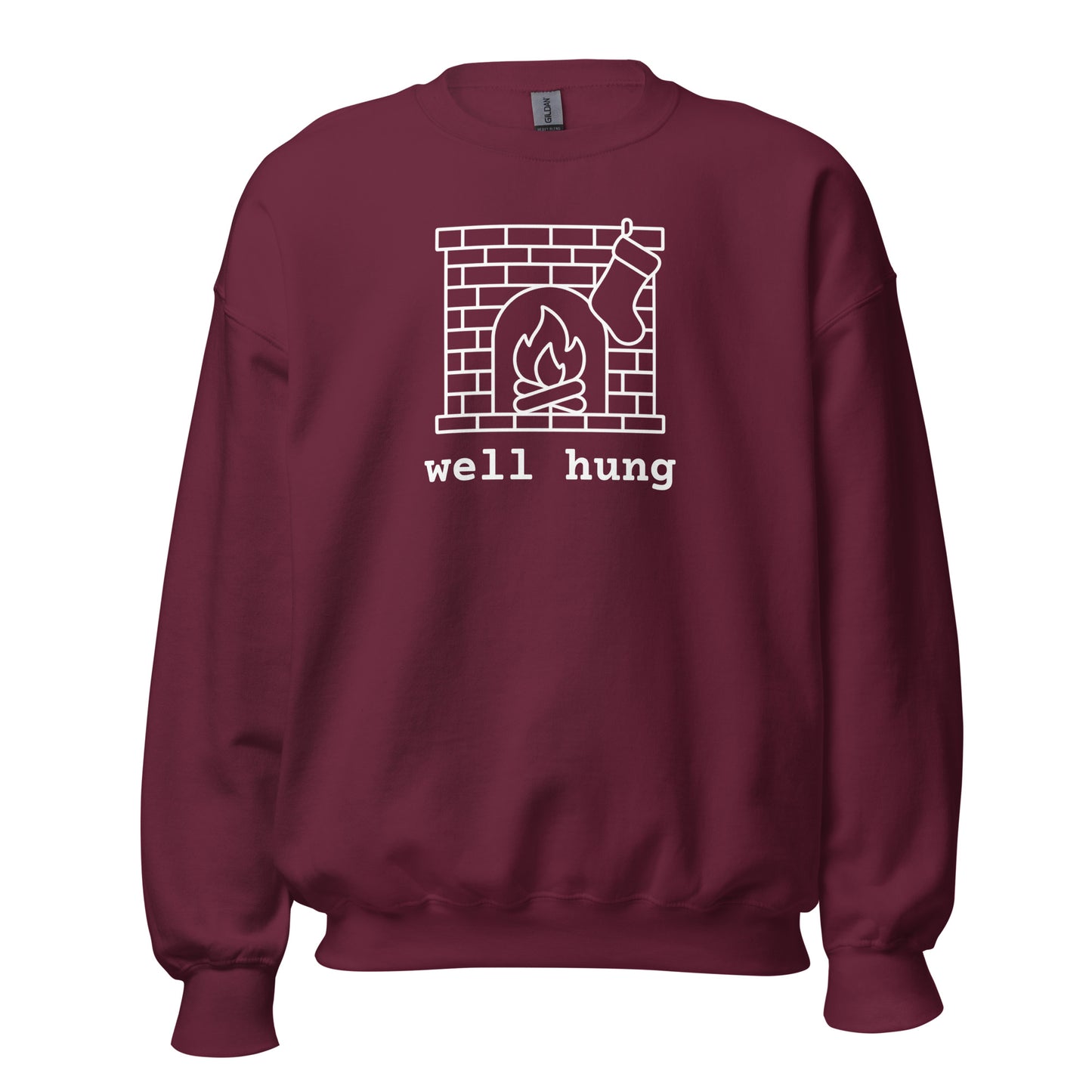 Maroon sweatshirt with a stocking hanging from a fireplace graphic and 'well hung' text – Boozie Adams